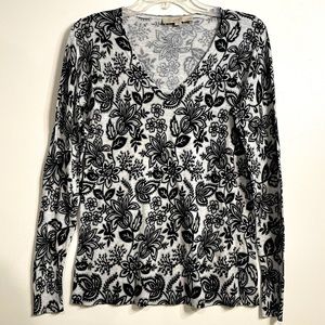 Loft Lightweight Sweater V-neck Long Sleeve Black and Grey Floral Size S Small